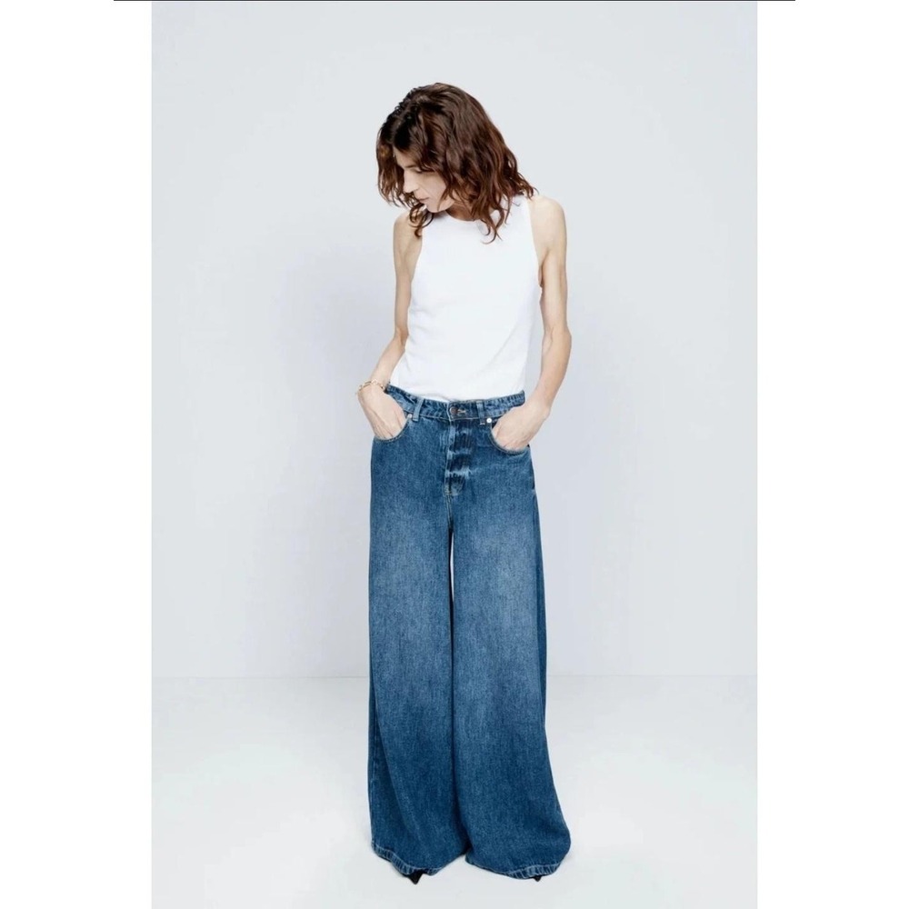 Raey Jeans Womens 26 Blue High Rise Wide Leg Relaxed Button Fly Denim Pants